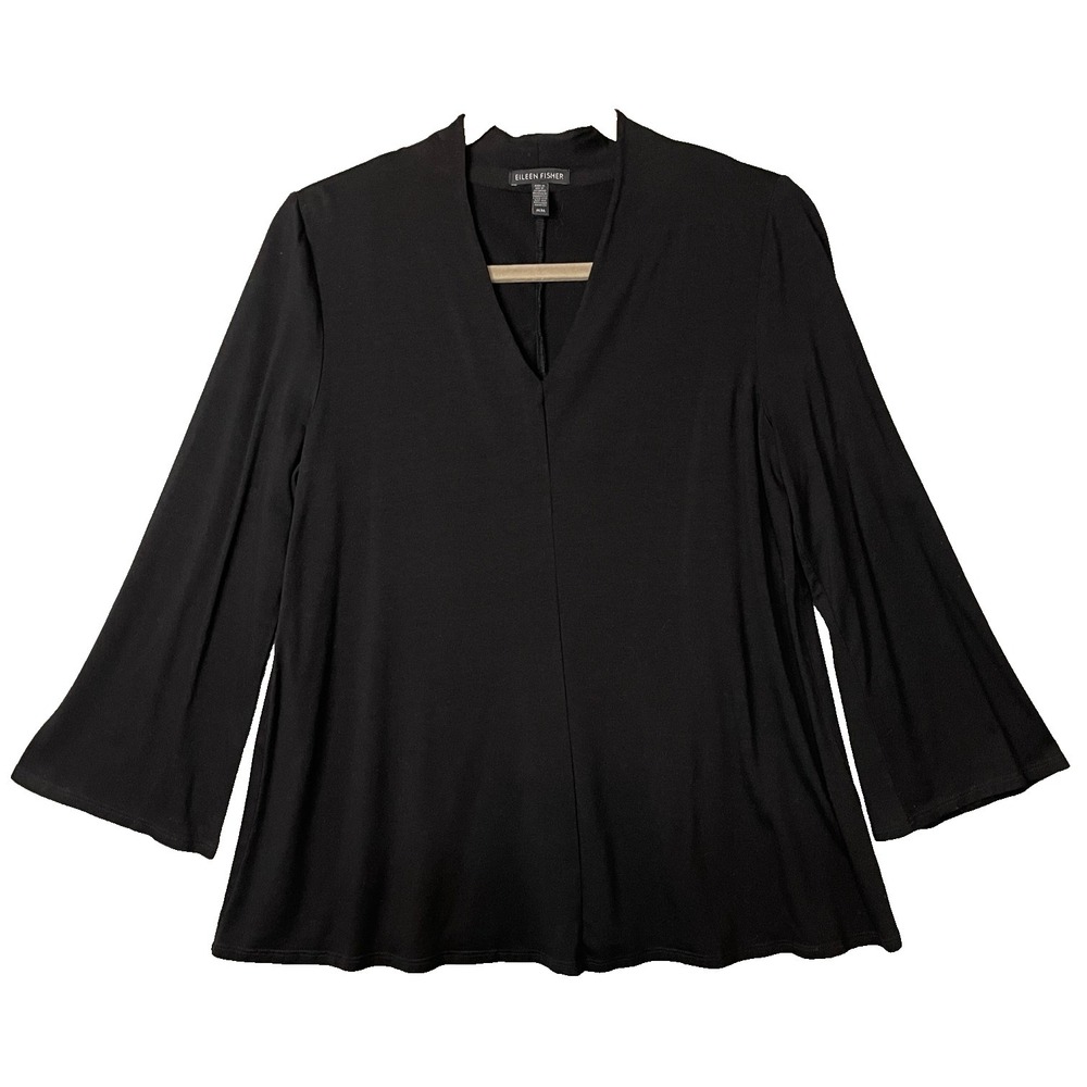 Eileen Fisher Shirt Women Medium Black Bell Long Sleeve Tencel Lyocell Swing Top